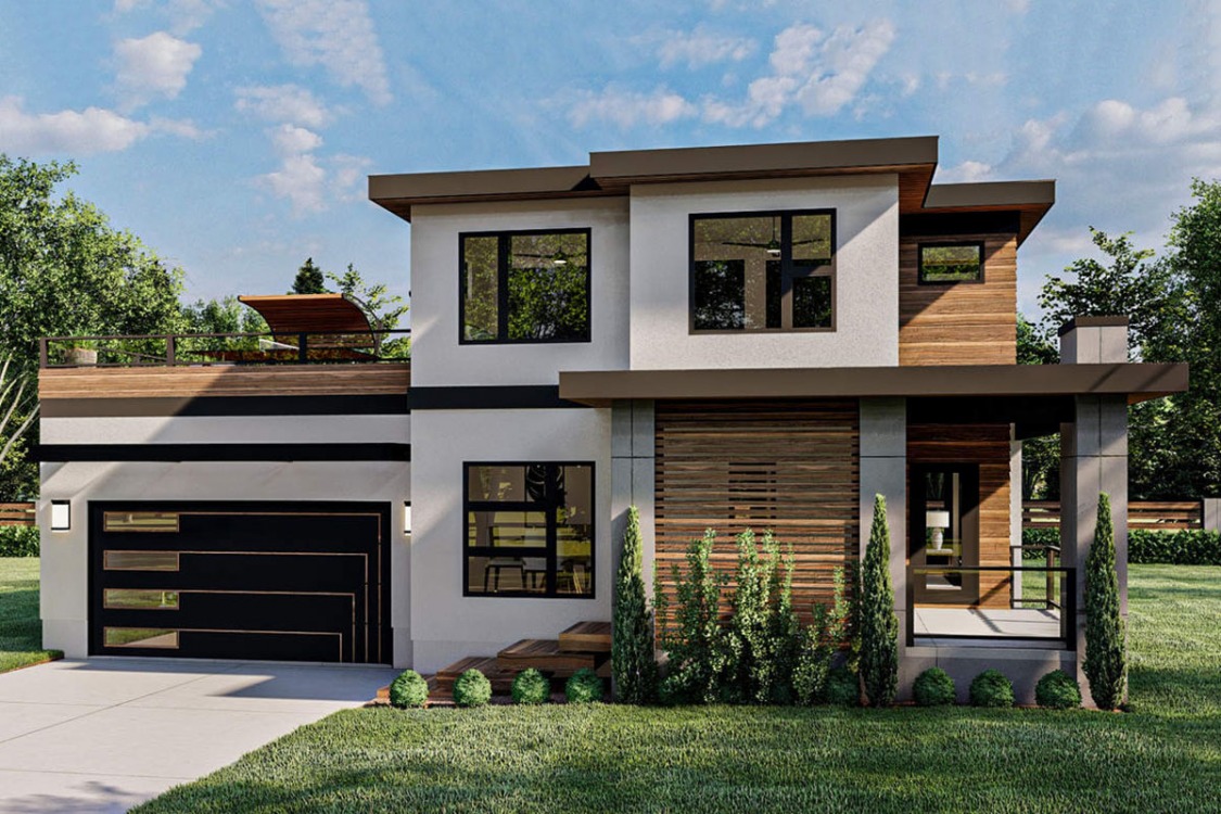 Plan Of A Modern 3 bedroom House With A Terrace Over The Garage