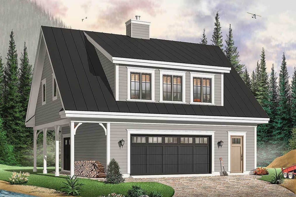 Дом-гараж с серым деревянным фасадом. Проект DR-21550