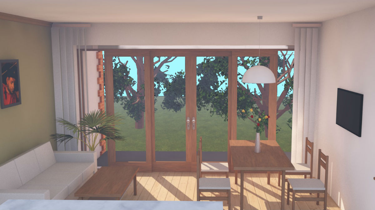 Гостиная с панорамным окном на террасу