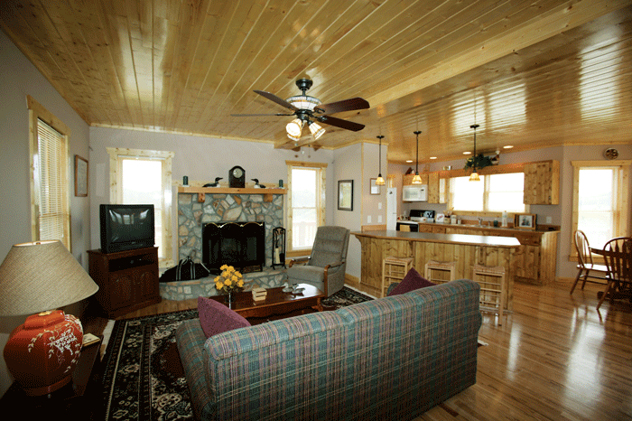 Гостиная с деревянным потолком