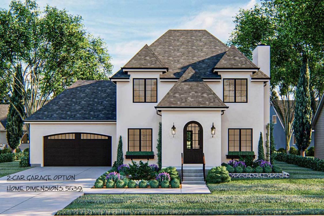 French House Plan Front View with 2 Car Garage