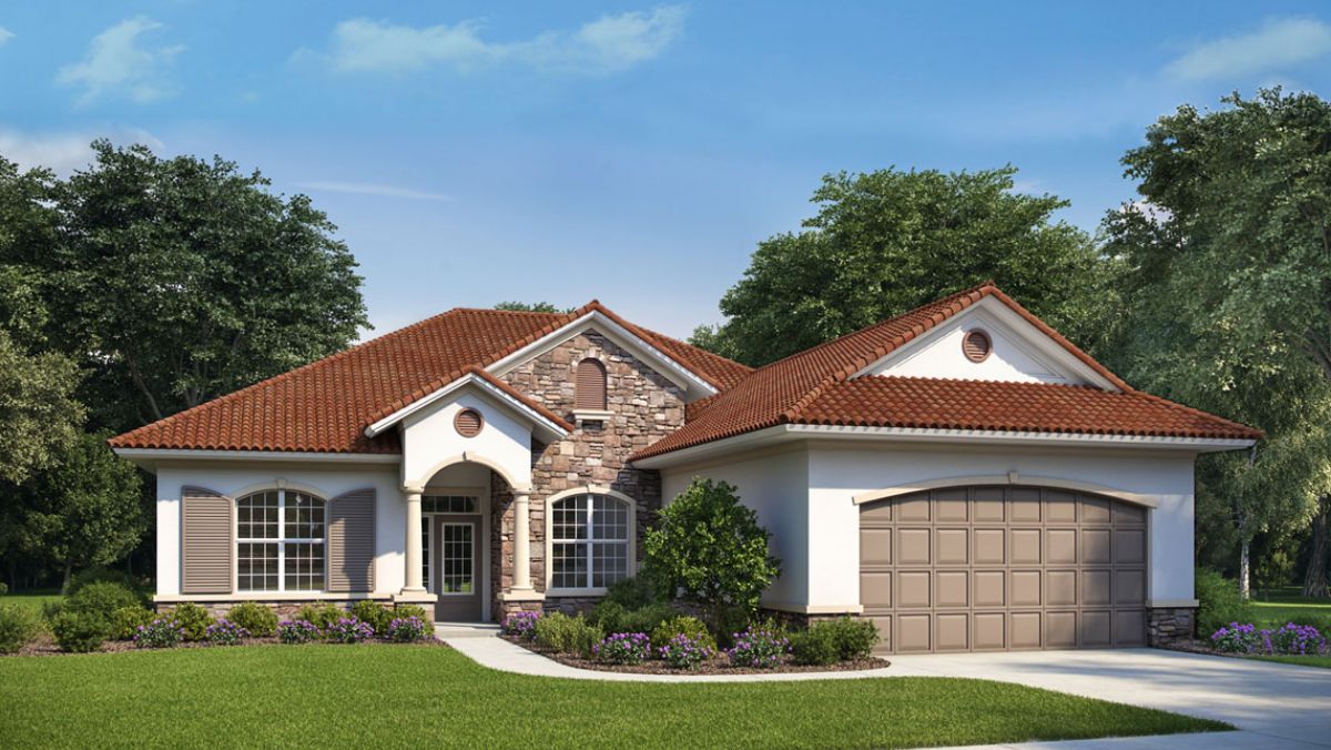Front view. House plan with a Dutch roof over a projecting garage: ZR-33119