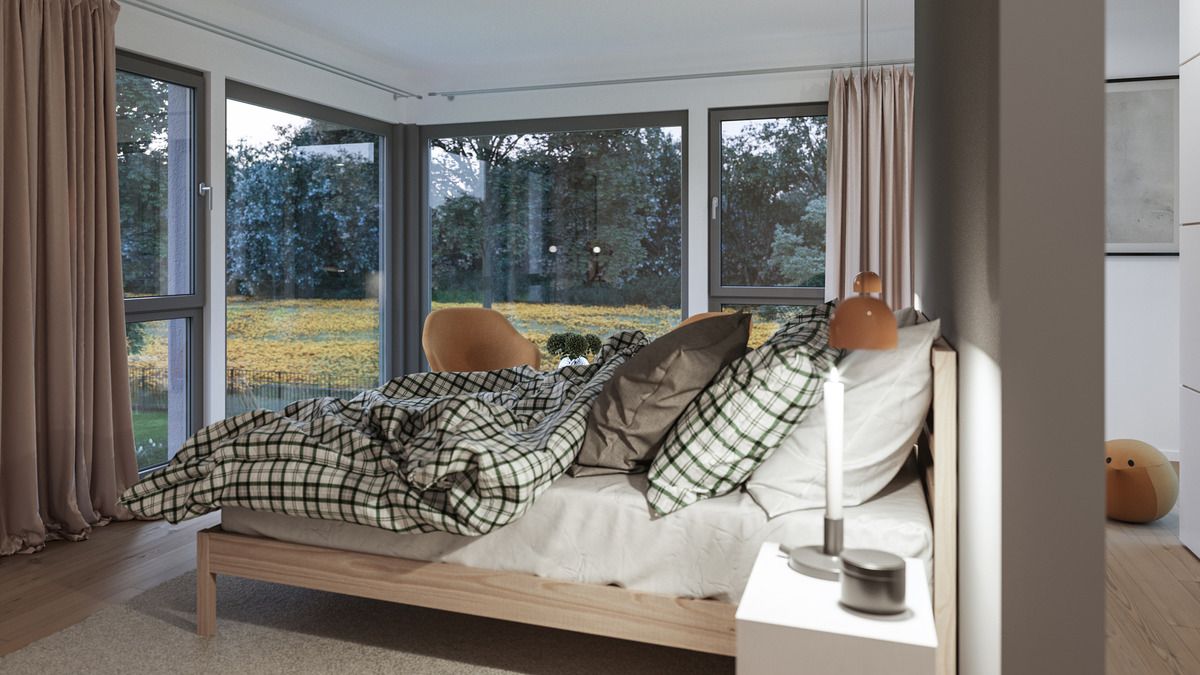 Спальня с панорамными окнами. Проект дома Sun-154