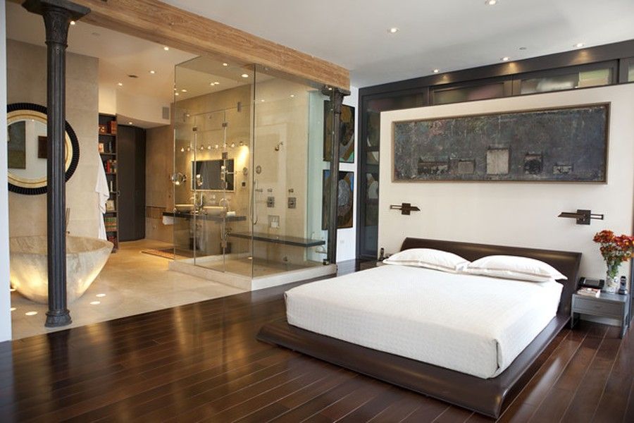 Master bedroom with large bathroom