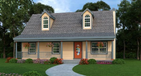  This home perfectly suited for a hillside. House facade has horizontal siding, front porch arches. Steeply pitched roof, with several dormer windows, completes the look of this house. House plan is…