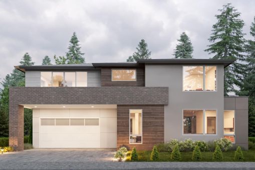 This modern home design offers more than 3,100 square feet of living area, an open main floor that opens onto a side patio, and a quiet den for relaxing. Frontal views of the kitchen's prep island…