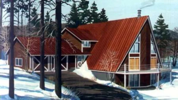  This home perfectly suited for a hillside. House facade has board-and-batten siding, panoramic windows. Steeply pitched roof completes the look of this house. House plan is 58 feet wide by 63 feet…