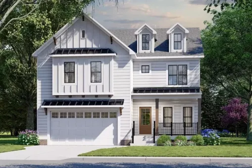 With a gambrel roof, this two-story house plan offers four bedrooms, all upstairs, 2.5 bathrooms, and 2,221 square feet of heated living space. A two-car garage facing the street provides 465 square…