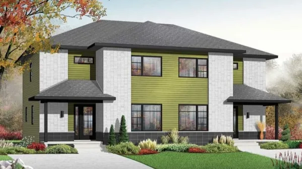 Wonderful 3225 sq. ft. two-story contemporary style home plan with three bedrooms in each unit fits two families. The large bedroom has a bathroom.