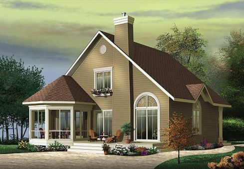  House facade has wood siding and arched window. Steep pitched roof…