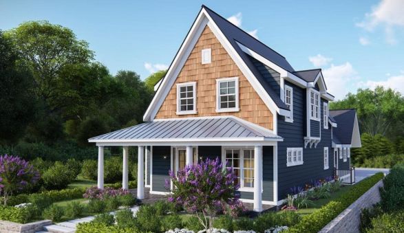 This charming Scandinavian style house with a patio is ideal for a narrow area. It features a traditional Scandinavian exterior, a corner veranda with wooden columns, and a spectacular seam roof. In…