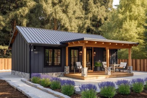 With a total of 80 heated square meters, this Cabin provides a new take on the rustic, mountain style of home with board and batten siding rising up to meet a ribbed metal roof. A pergola-style front…
