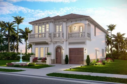This stately, Mediterranean style 3 bedroom home is 29 feet wide, ideal for tight spaces. The eaves of the low-pitched roof are decorated with denticles. Beautiful curly balustrades frame numerous…