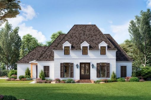 Double doors in this French Country house plan open to reveal a massive great room with a big fireplace and views of the beamed kitchen and the dining room.In the kitchen, the giant island has seating…