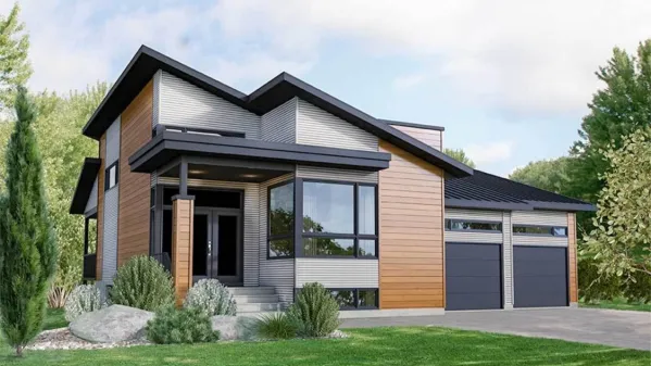 Natural light floods this modern three-bedroom house with a striking pitched roof. The house is quite appealing because of the contrasting façade features, the covered entrance, and the two-car…
