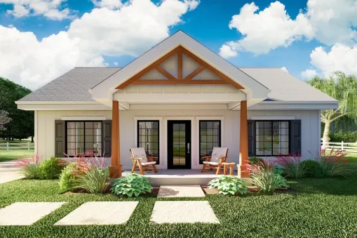 This little 2-bedroom house plan has a covered front porch and a front door that is positioned in the middle of the house. Inside, the home's 9' ceilings and pocket doors give the impression of being…