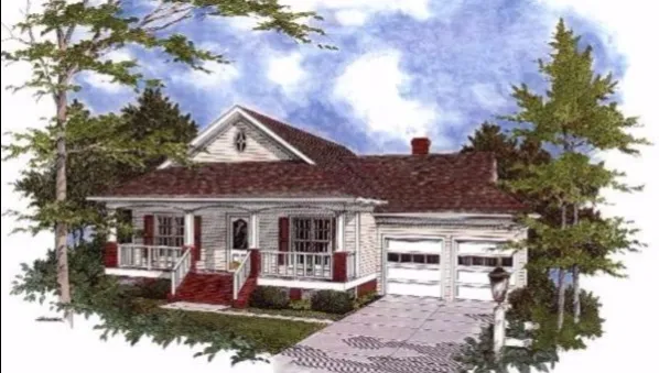  This house facade has front porch arches, shuttered windows and faced with horizontal siding. Clipped rooflines with several gable peaks complete the look of this house. House plan is 52 feet wide by…