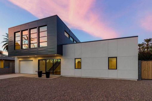 Clean, straight lines are the hallmark of this exciting contemporary home project. The second floor overhanging the garage with a panoramic window is like the captain's bridge of a cruise ship. Both…