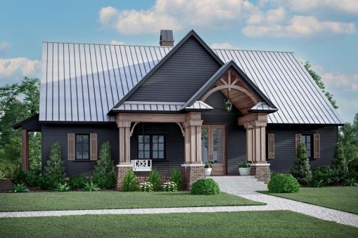 This stunning country Craftsman home plan features a front porch supported by a pair of columns set atop brick-clad bases, clapboard siding, and a standing seam metal roof. It offers 2696 square feet…