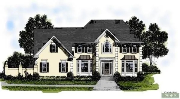  House facade has corners decorated with limestone quoins, broad glass entrance, bay windows, stucco facing. A complex roof with large front-facing gables completes the look of this house. House plan…