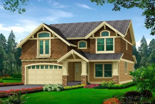  This craftsman house has front porch arches, decorative trim, Palladian windows and faced with horizontal wood boarding, stone, wood shakes. Steeply pitched roof with several gable peaks, and…