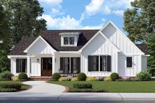 A decorative shed dormer over the front porch, complete with a vaulted gable, enhances the curb appeal of this one-story contemporary farmhouse with a split bedroom layout. A carport in the back-right…