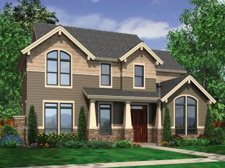  This house facade has mixed materials, decorative trim, windows with nice shatters and faced with fiber cement siding, horizontal siding. A complex roof with large front facing gables, with several…