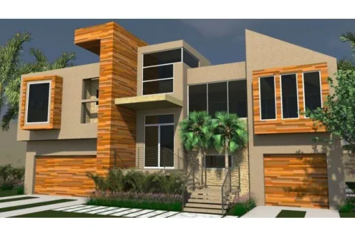 This 301 sq.feet modern house plan is made of cinder block with an drive-under garage. The house has 2 bedrooms, home office and an elevator.