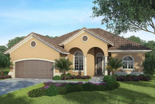 This Mediterranean home plan features a classic stucco exterior, white columns and trim, all topped with natural ceramic tiles. Entering the foyer with 12 foot ceilings you will find the entry to a…