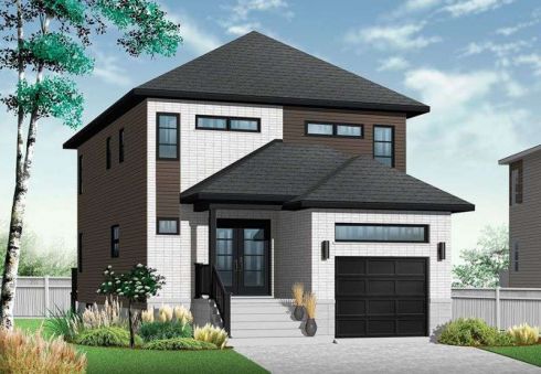  This home perfectly suited for a narrow lot. House facade has two color brick facing and horizontal windows. A hip roof completes the look of this house. Designed for a narrow lot, the home is…