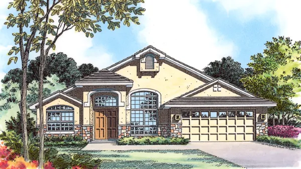 Фасады из камня и штукатурки добавляют тепло к этому изящному, но доступному, проекту дома в стиле ранчо. Парадные гостиная и столовая примыкают к фойе, ведущее к семейной комнате с камином и стеной с…