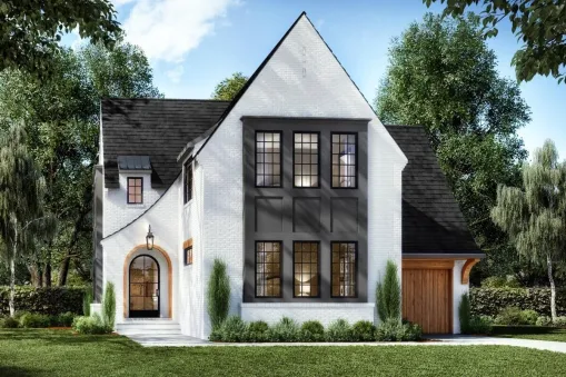 This English style house plan gives you 2,486 square feet of heated living with 4 bedrooms and 2.5 baths plus a 1-car front-facing garage. Boxed bay windows in the gable and a sweeping roofline above…