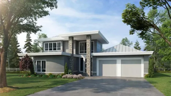 This contemporary home plan is truly superb in design, both inside and out. The two-story floor plan is sure to catch your eye with its sleek, modern design and will be irresistible to those who want…