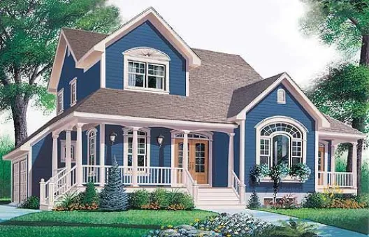  House facade has horizontal siding, decorative trim, arched windows and…