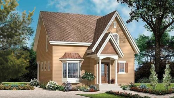  This Tudor house has front porch arches, bay window, gable window and faced with stucco. A steeply pitched roof with several gable peaks completes the look of this house. Designed for…