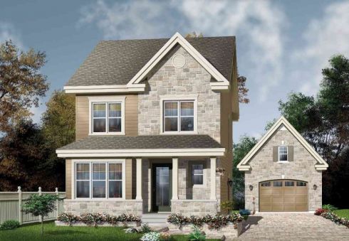  House facade has wood and stone facing and large windows. A multi gable…