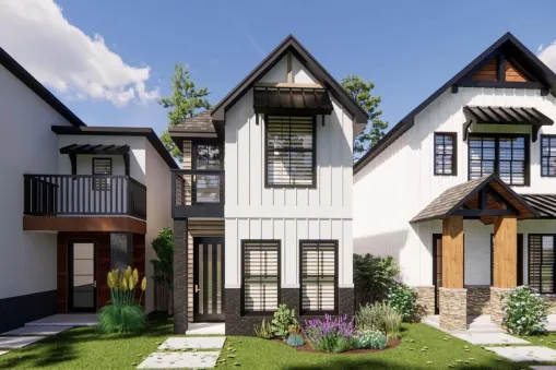 This 15-foot wide 2-story house plan gives you 2 beds, 2.5 baths and 1,332 square feet of heated living space. Great for a narrow lot, it has a 1-car alley-access rear-facing garage.The great room…