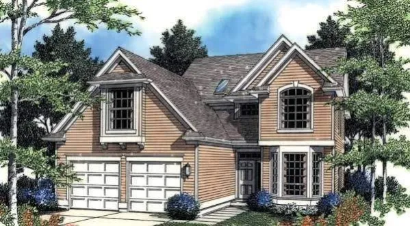  House facade has arched windows. A complex roof with large front-facing gables completes the look of this house. House plan is 40 feet wide by 62 feet deep and provides 2269 square feet of living…