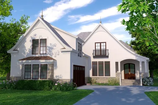 This European-style house plan with attic attracts attention with its…