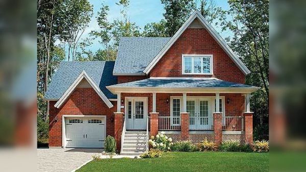  House facade has brick facing. A multi gable roof completes the look of this house. House plan is 46 feet wide by 25 feet deep and provides 1334 square feet of living space in addition to a one-car…