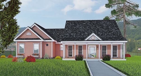 Plan of a single-storey house with a garage and a veranda