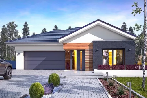 This contemporary one-story house design includes a 2-car front-facing garage in addition to 4 bedrooms, 2.5 bathrooms, and 181 heated square meters of heated living space. The entire house has an…