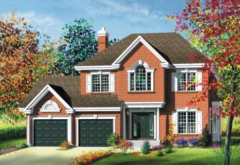  This Georgian house has broad glass entrance, sash windows with nice shatters, and walls faced with brick. A hip roof, with several gable peaks, completes the look of this house. House plan is…
