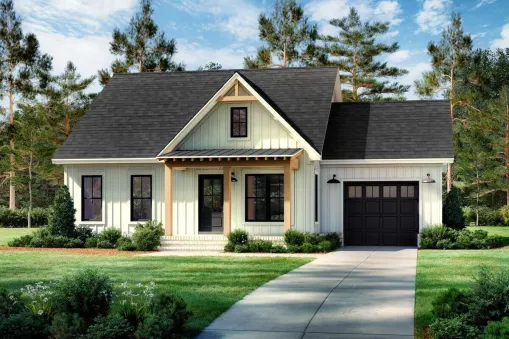 This cozy farmhouse-inspired country cottage house plan is perfect for a young couple just starting out or an older pair of empty-nesters starting to settle down. With 2 bedrooms and 2 baths…