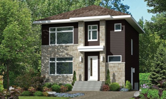 Two-story contemporary style house plan up to 1,700 sq. ft. with a basement and 3 bedrooms on the second floor