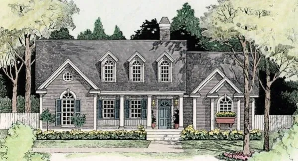  This Farmhouse house facade has arched windows and doors with keystones, bay window and faced with horizontal siding. A multi gable roof, with three dormer windows, completes the look of this house.…