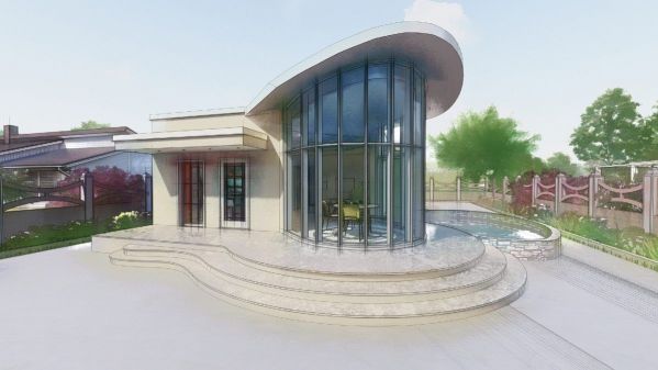 Although not large, this home plan includes a great room and 3 bedrooms. Monolithic walls with fixed formwork allow for an energy efficient modern home with a beautiful view in a high-tech style.