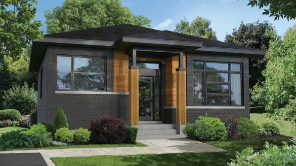  This contemporary house facade has broad glass entrance, panoramic windows and faced with brick, horizontal siding. A low-pitched hip roof completes the look of this house. Designed for a narrow lot,…