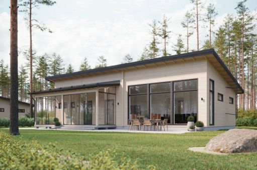 Plan of a one-story 3-bedroom house with a sauna in a modern style