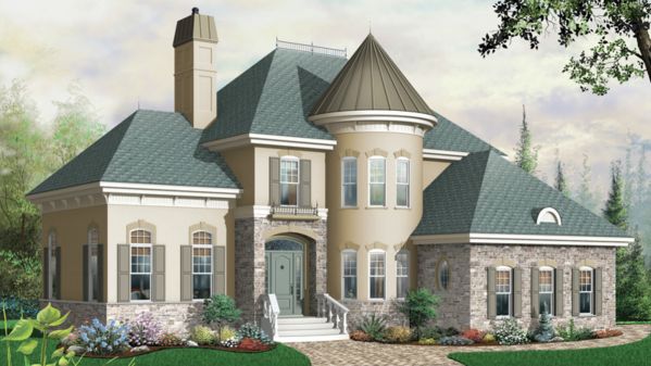 The classic tower gives a unique look to this European style home. There is a study on the ground floor. In the foyer, the staircase is open up to the second floor. A double-sided fireplace separates…